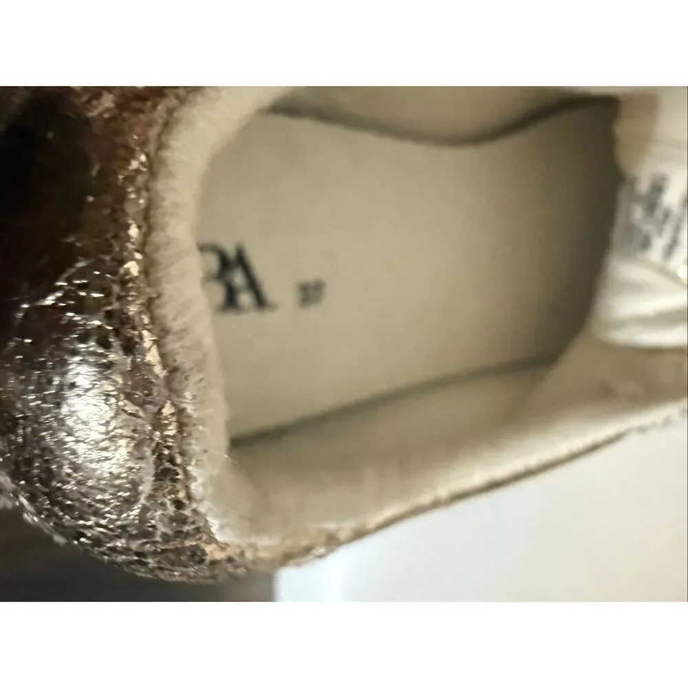 Zara Women's Lace Up Low Top Metallic Bow Faux Leather Sneakers Gold Sz 37 NWOT